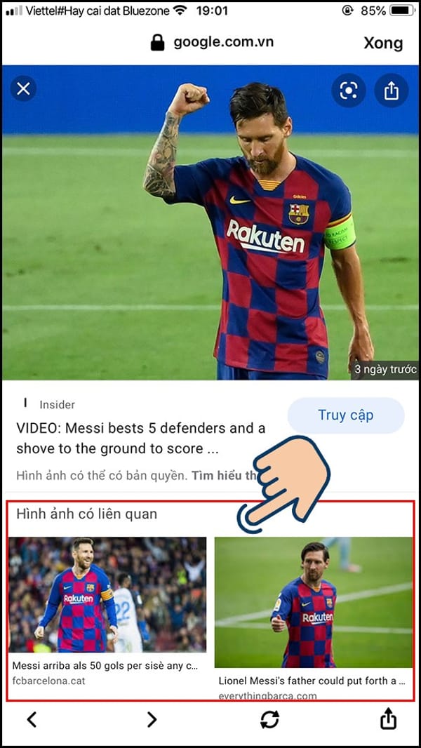 Bấm vào hình ảnh Messi để tìm để tìm kiếm bằng hình ảnh google trên điện thoại